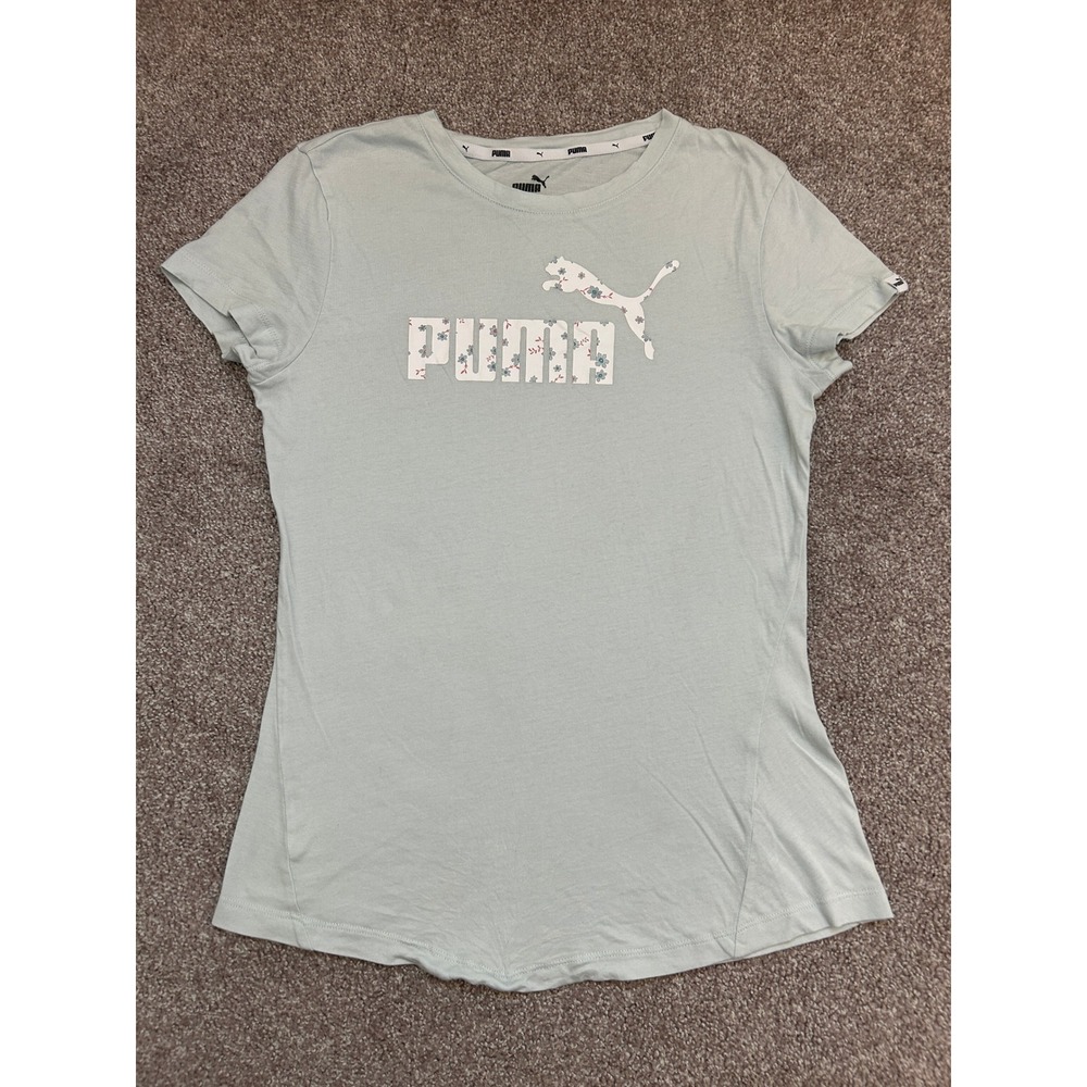 Puma Graphic T-Shirt Womens Small Mint Green Excellent Floral Logo Tee